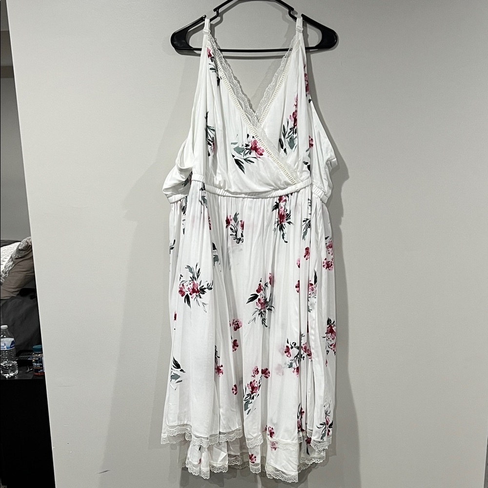 torrid White Midi Dress with Pink Floral Print and Green Leaves